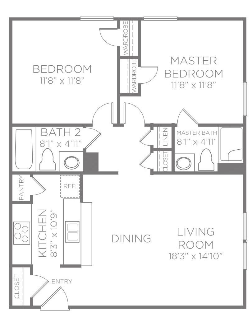 A two-bedroom apartment floor plan with a kitchen, dining area, living room, and two bathrooms.