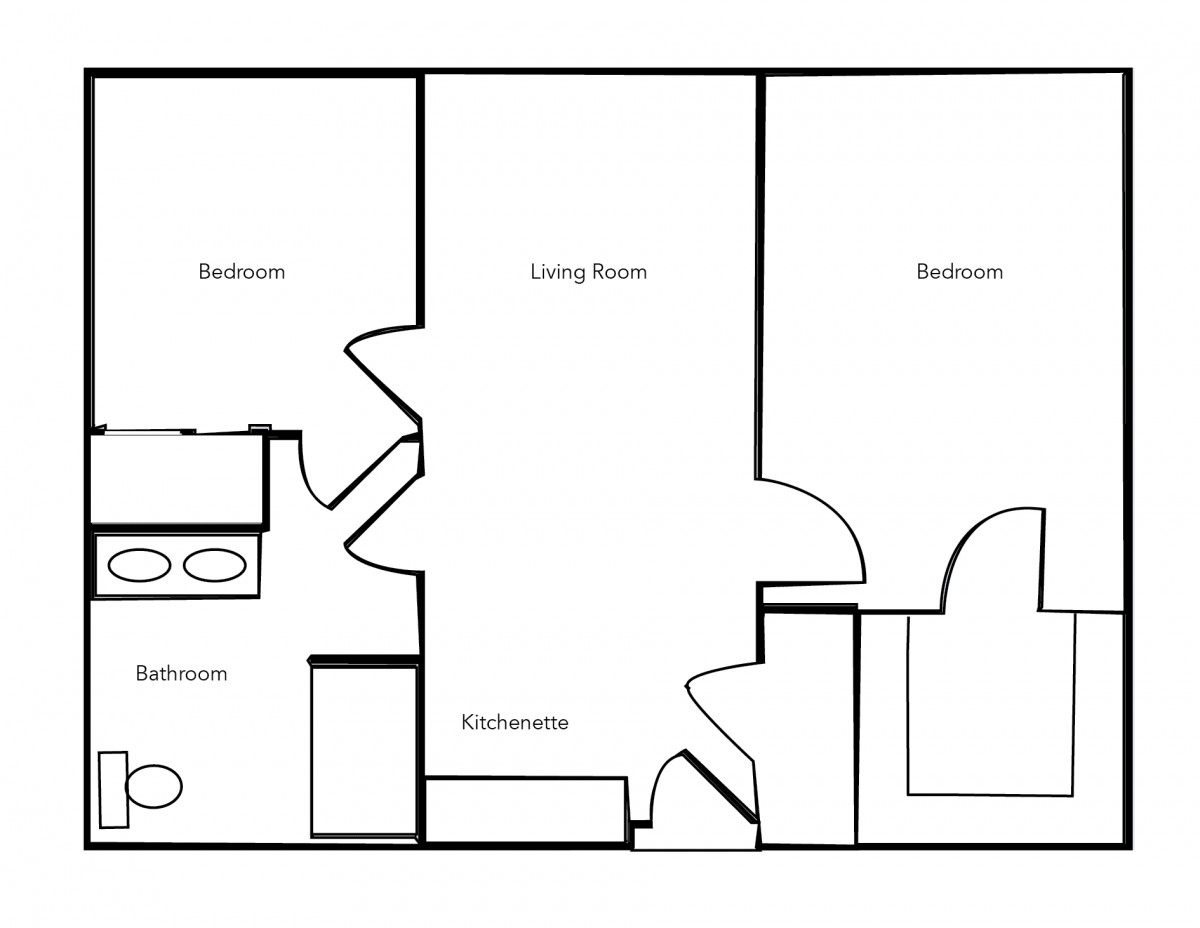 A simple black and white floor plan showing the layout of an apartment with labeled rooms, including two bedrooms, a living room, a kitchen/dining area, and a bathroom.