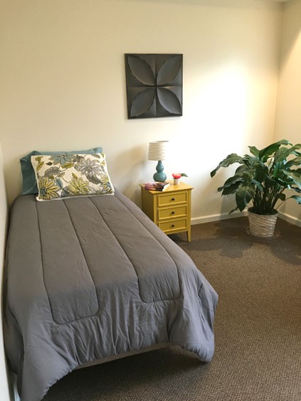 A cozy bedroom with a single bed, featuring gray bedding and a decorative pillow. A yellow nightstand with a lamp sits beside the bed, accompanied by a potted plant and wall art.