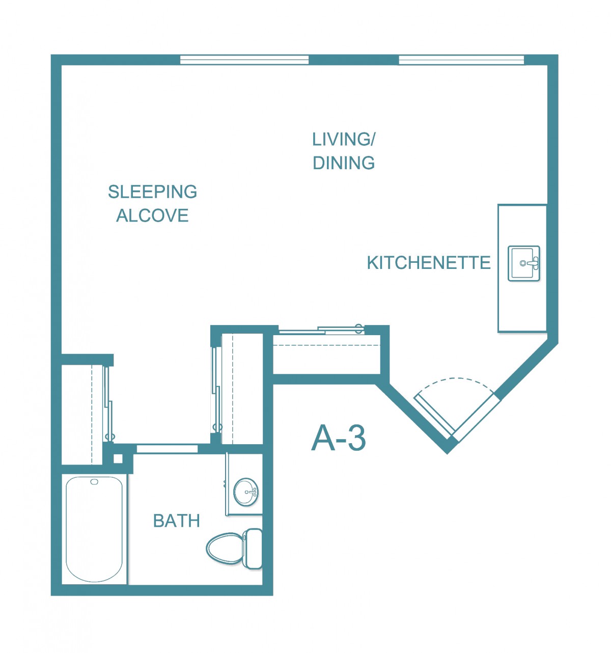 Studio apartment floor plan featuring a sleeping alcove, living/dining area, kitchenette, and bathroom.
