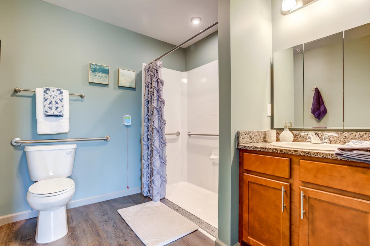 A modern bathroom interior featuring a shower, toilet, and wooden vanity.