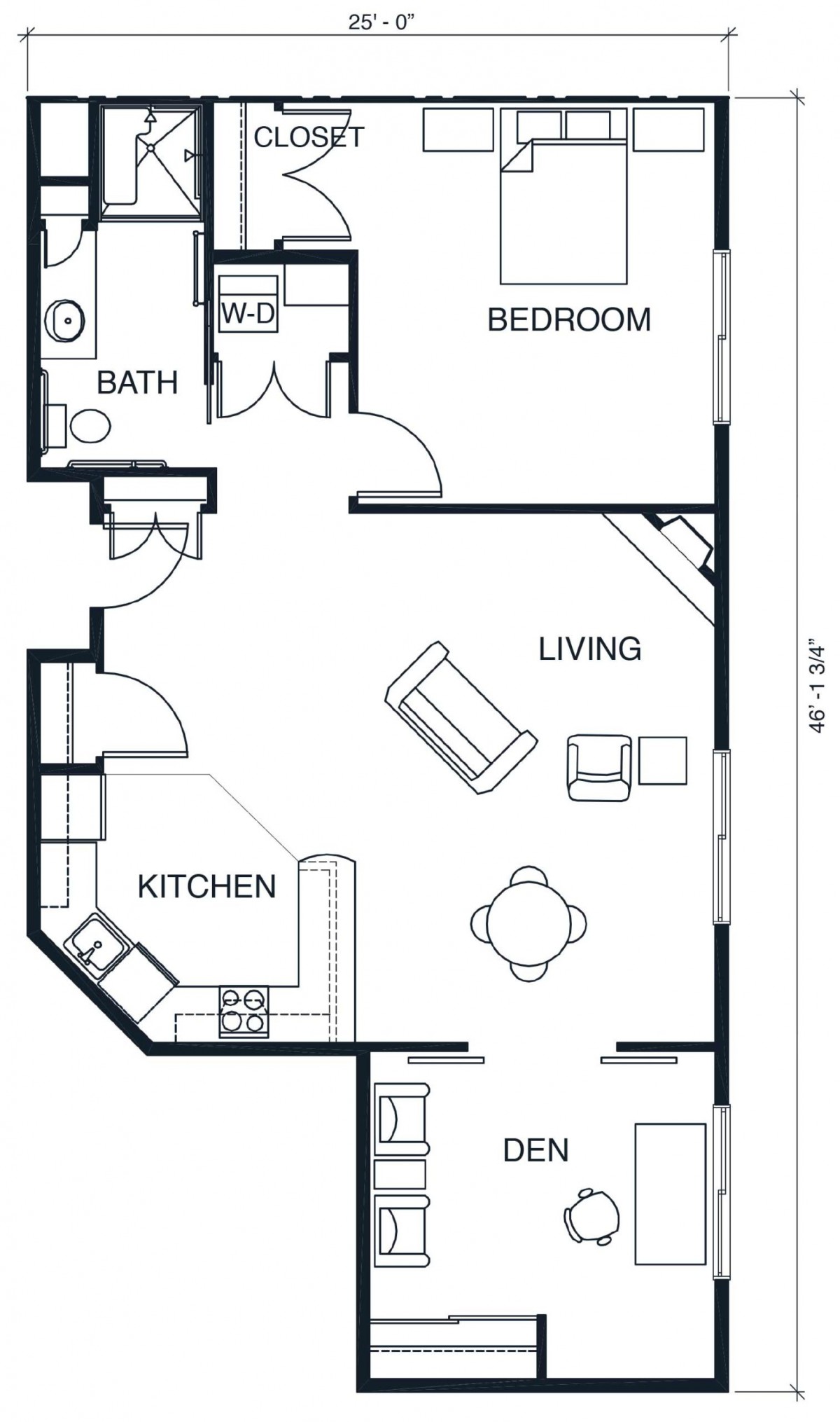 A floor plan of a one-bedroom apartment featuring a living area, kitchen, and bathroom.
