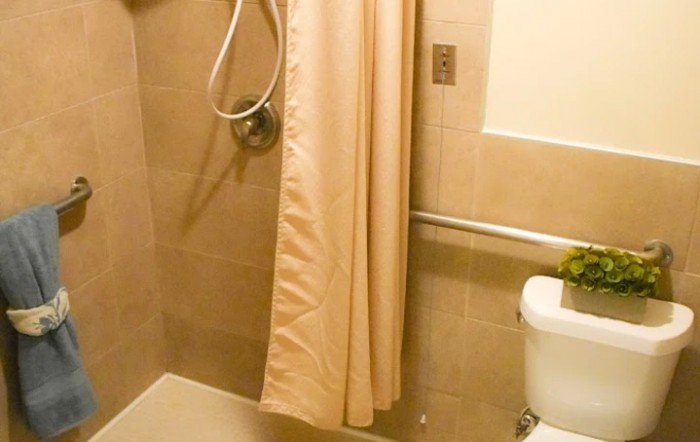 A bathroom with a shower area, curtain, toilet, and grab bar.