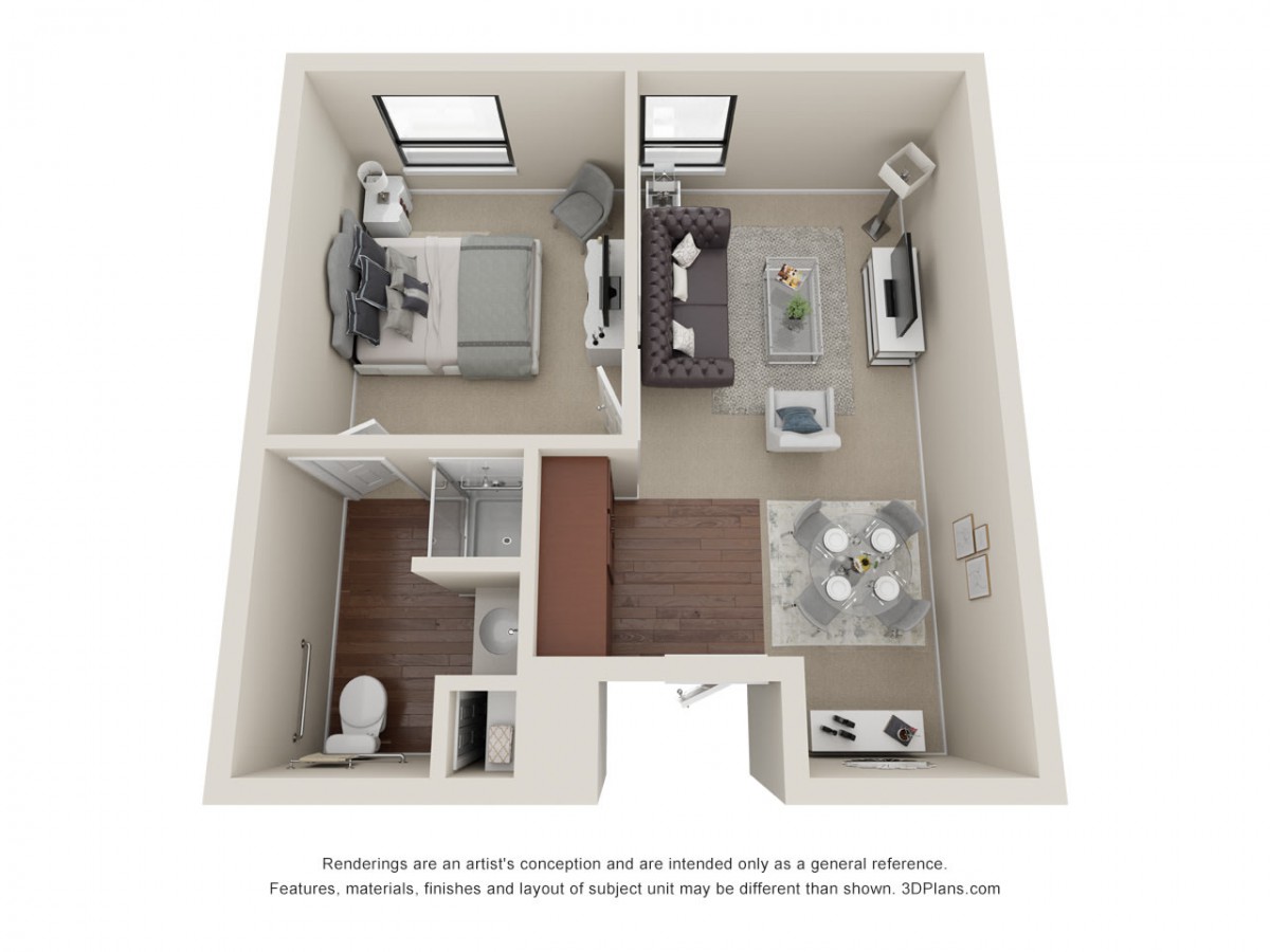 3D rendered floor plan of a one-bedroom apartment featuring a living area, kitchen, and bathroom.