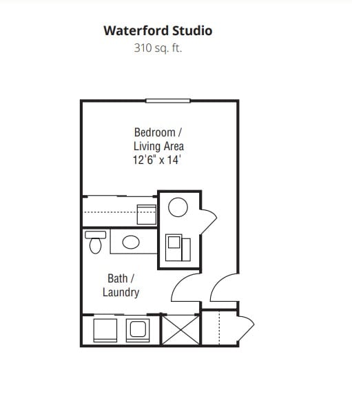 Waterford Studio floor plan showing a compact layout with bedroom/living area and bath/laundry.