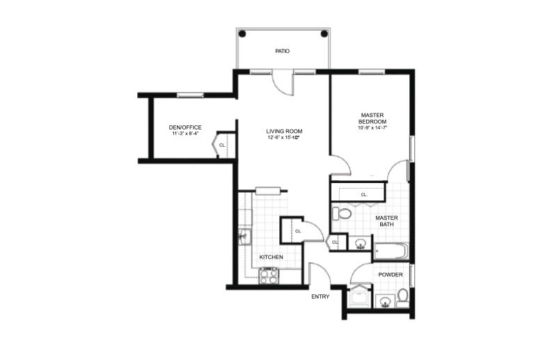 A detailed floor plan illustrating the layout of a residential space, including rooms and entryways.