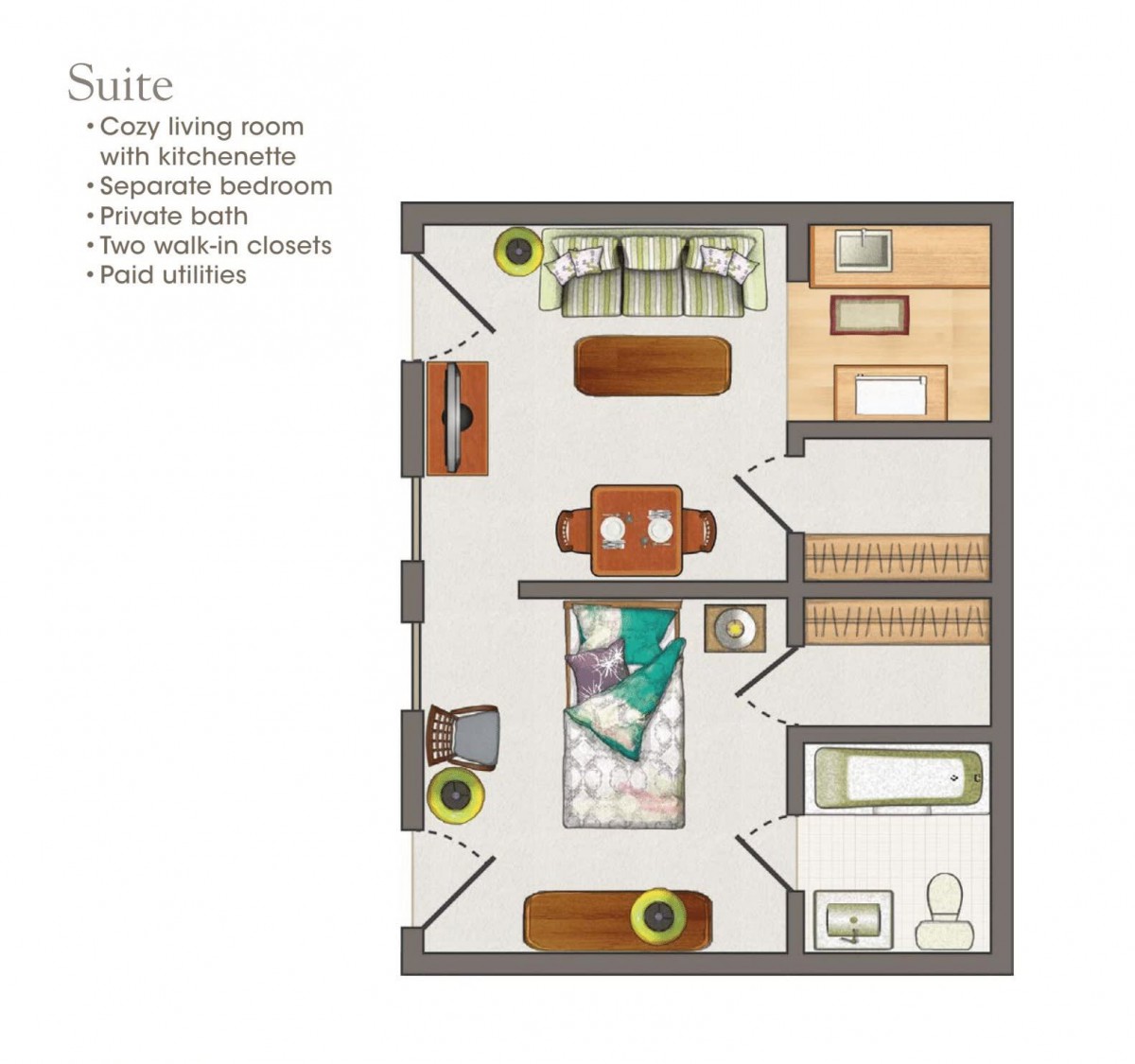 A detailed floor plan of a suite featuring a living room, bedroom, and bathroom with labeled areas.