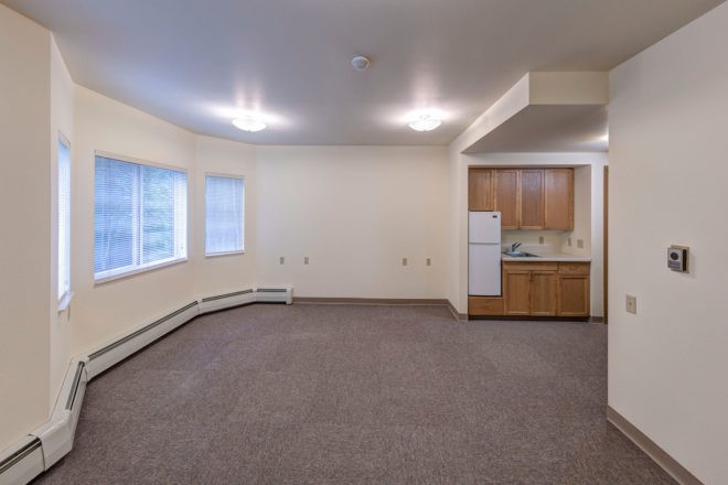 An empty apartment living room with a small kitchen area, featuring a carpeted floor and several windows.
