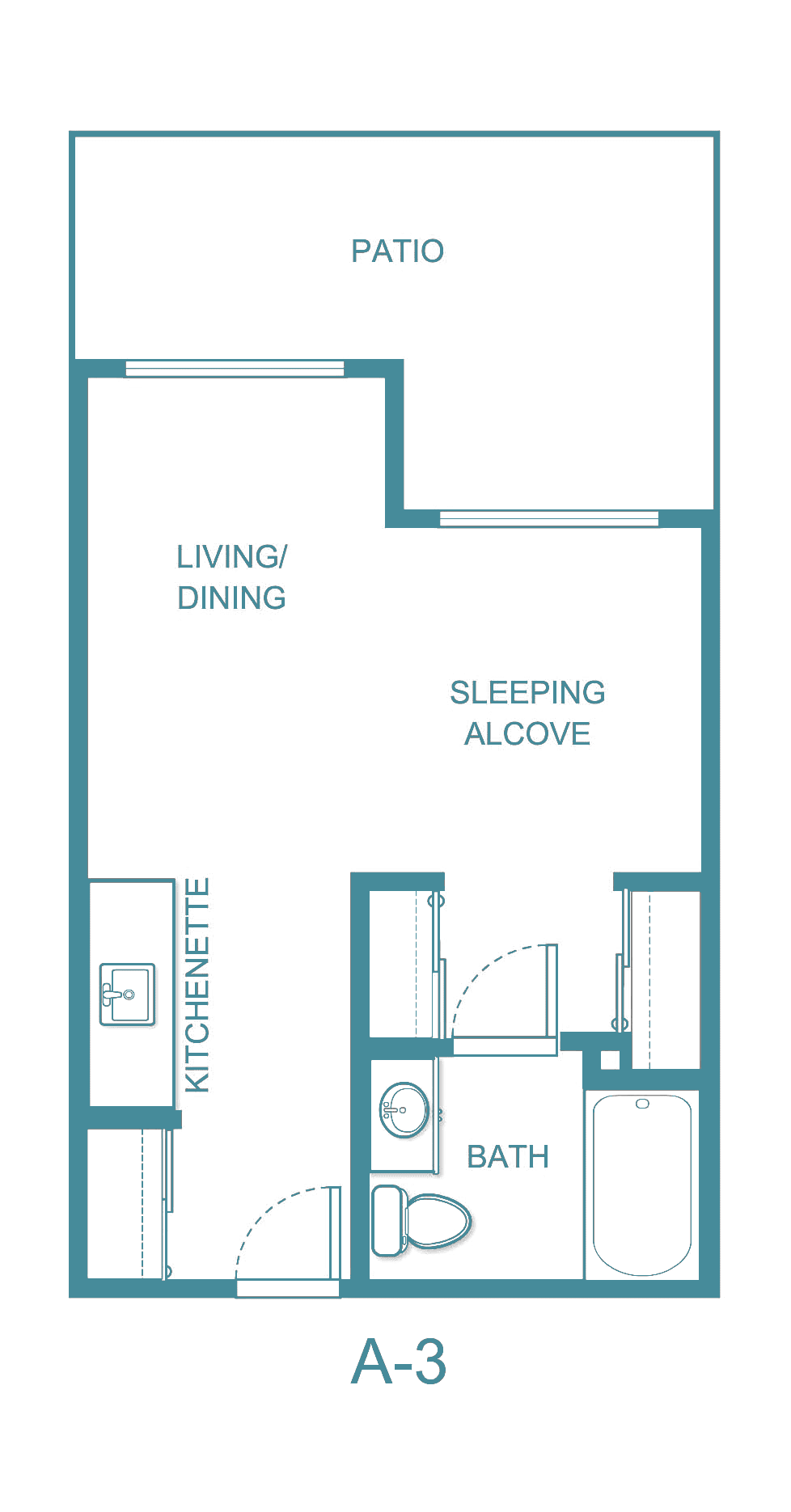 Floor plan of a studio apartment featuring a living/dining area, kitchenette, sleeping alcove, and bathroom.