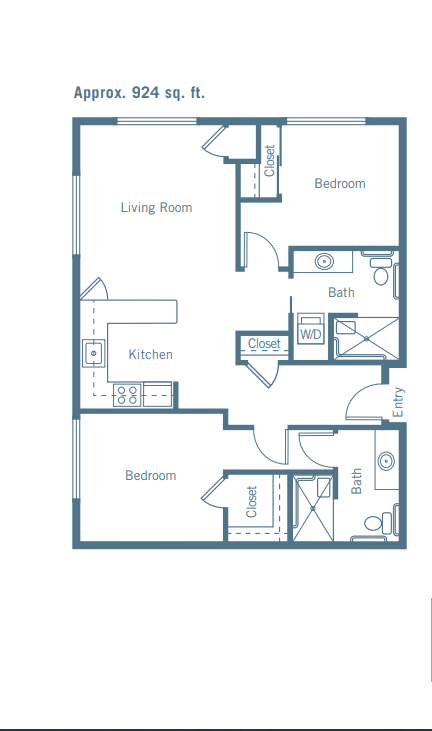 A detailed floor plan of a two-bedroom apartment, showcasing the layout of rooms including the kitchen, living room, and bathrooms.