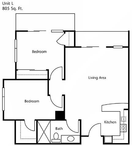 A floor plan of a two-bedroom apartment with a living area, kitchen, and bathroom.