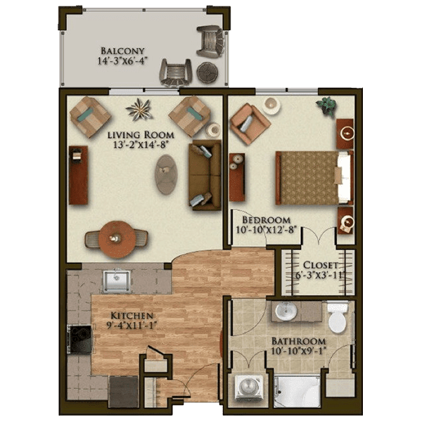 A floor plan of a two-bedroom apartment with a living room, kitchen, bathroom, and a balcony.