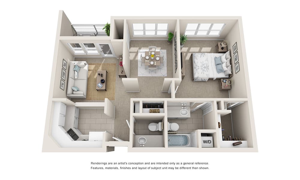 This is a 3D rendering of a one-bedroom apartment layout showing the living room, kitchen, dining area, bathroom, and bedroom.