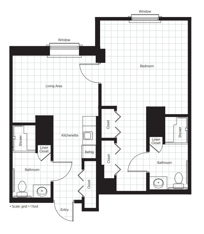 A floor plan of a two-bedroom apartment featuring a living room, kitchen, and bathrooms.