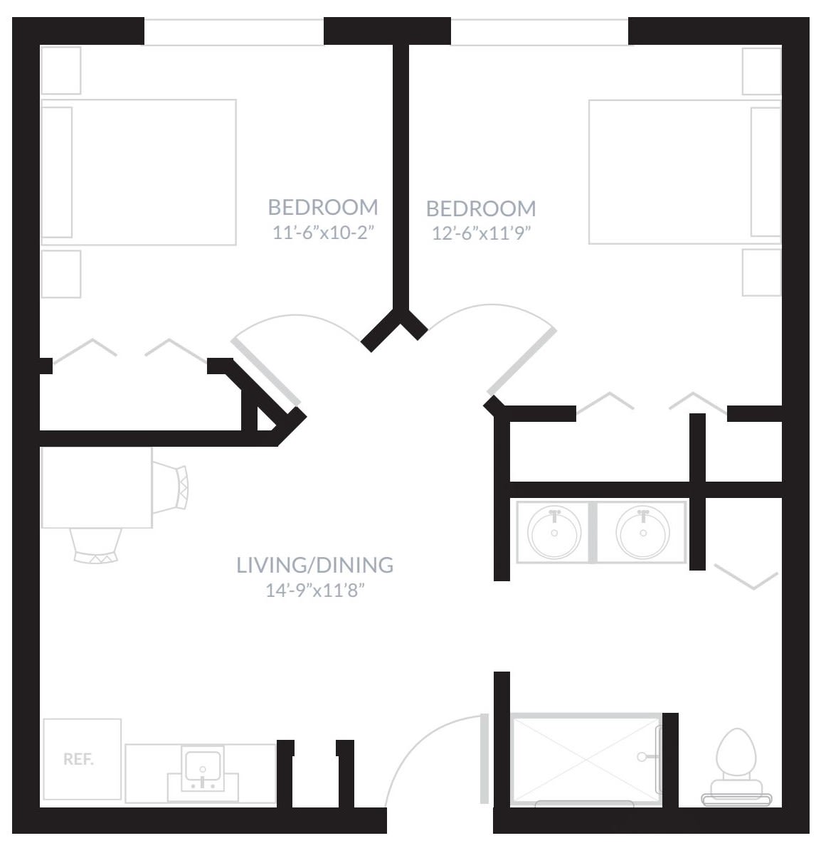 A floor plan of a two-bedroom apartment layout showing the distribution of rooms and living spaces.