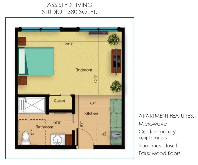 Floor plan of a 380 sq. ft. assisted living studio apartment, featuring a bedroom, bathroom, and kitchenette.