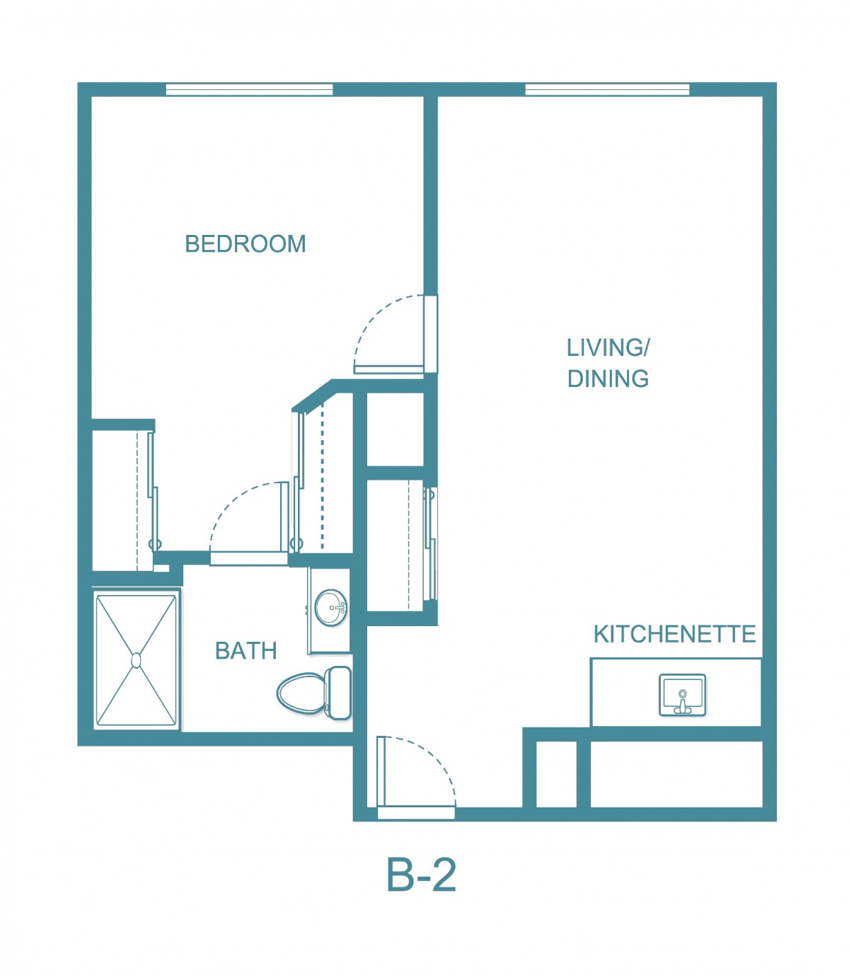 A floor plan labeled B-2, featuring a one-bedroom apartment with a living/dining area, kitchenette, and bathroom.