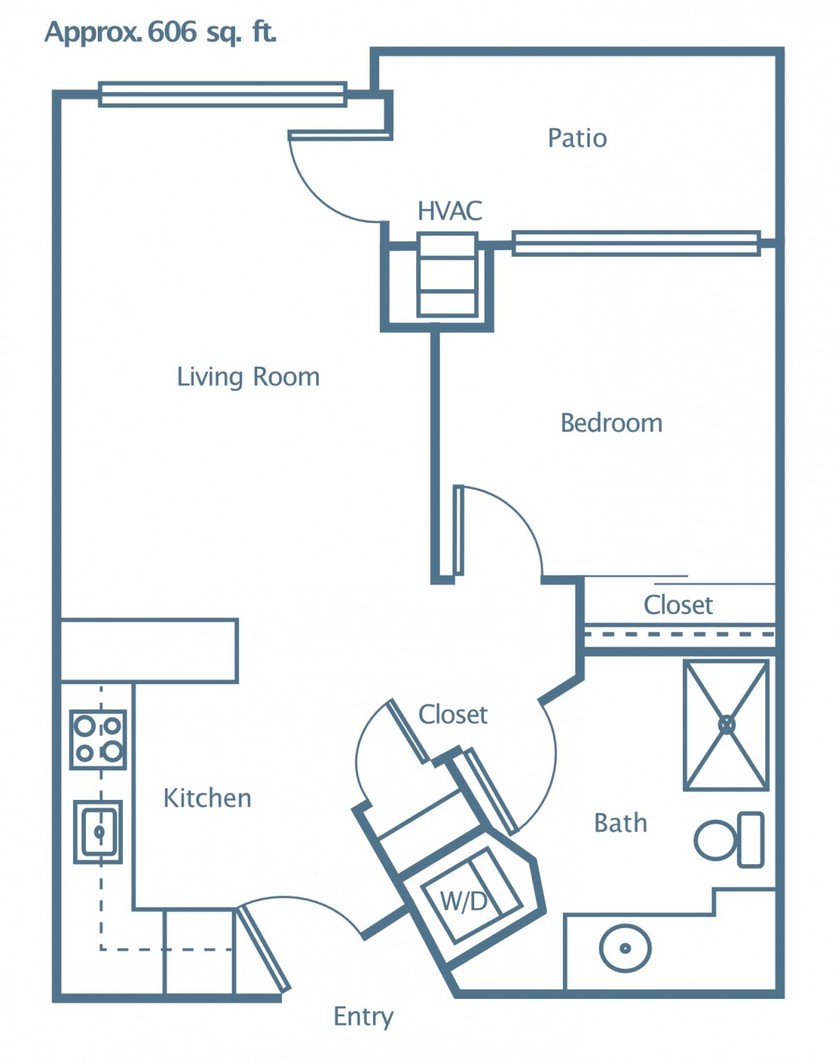 A floor plan of a one-bedroom apartment featuring a kitchen, living room, bathroom, and patio.