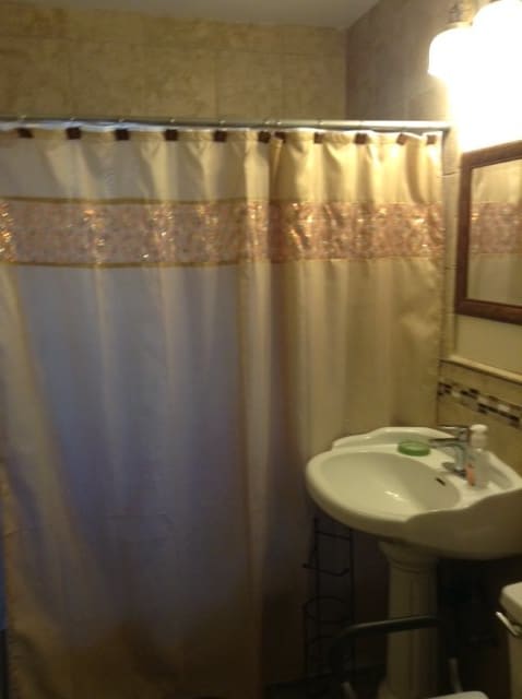 A bathroom featuring a shower curtain, sink, and mirror.