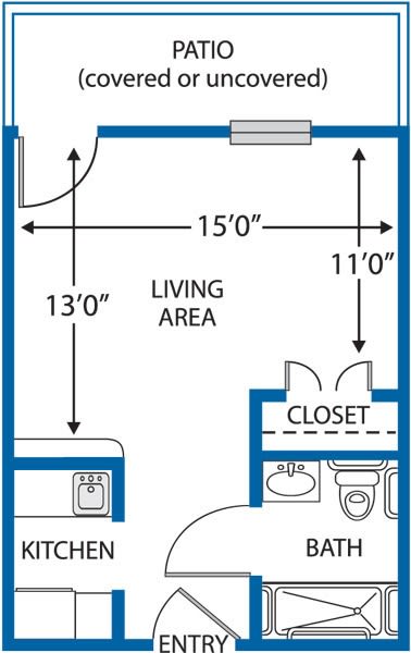 A simple floor plan featuring a living area, closet, and bathroom.