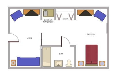 A simple floor plan of a small apartment featuring a living area, bedroom, bathroom, and kitchen.