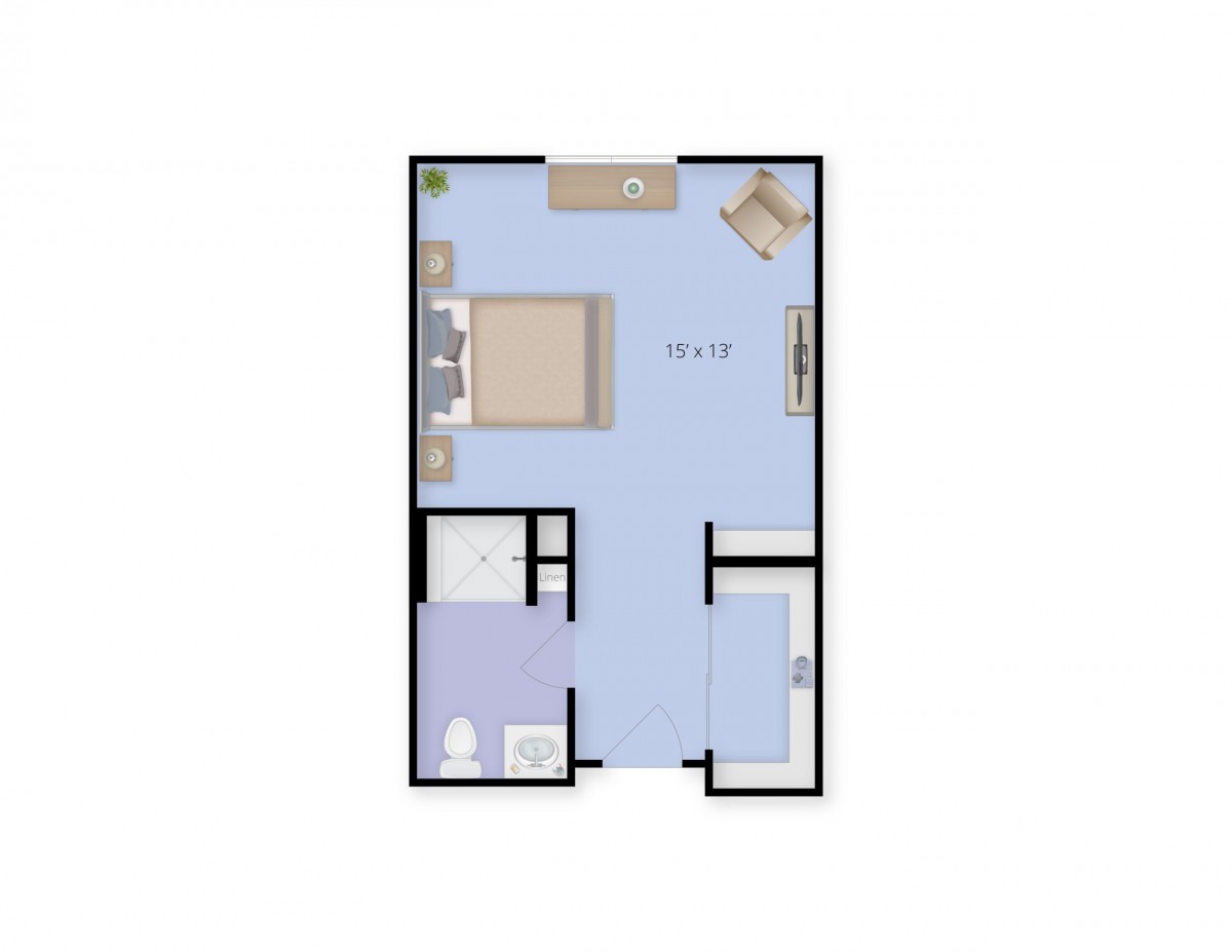A simple one-bedroom apartment floor plan with a bathroom and living area.