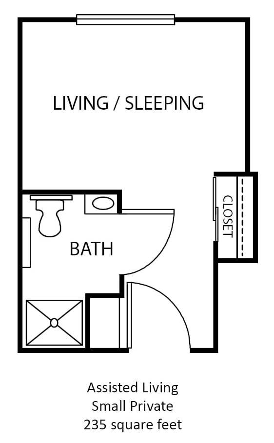A simple floor plan of a studio apartment featuring a living/sleeping area, bathroom, and closet.