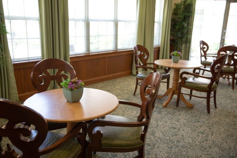 A cozy dining area with wooden tables and chairs, set beside large windows with green curtains.