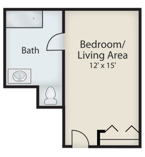 A simple floor plan of a studio apartment with a bedroom/living area and a bath.