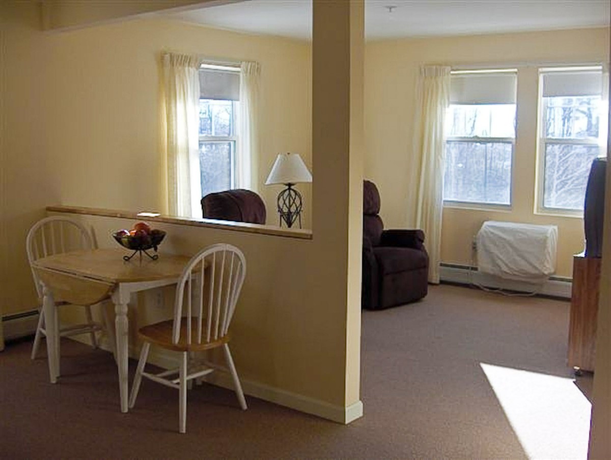 A cozy living space divided into a dining and sitting area with natural light filtering through the windows.