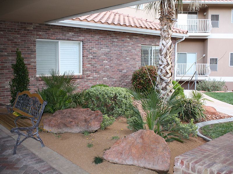 Desert-style landscaping with rocks, plants, and a palm tree in front of a brick house.