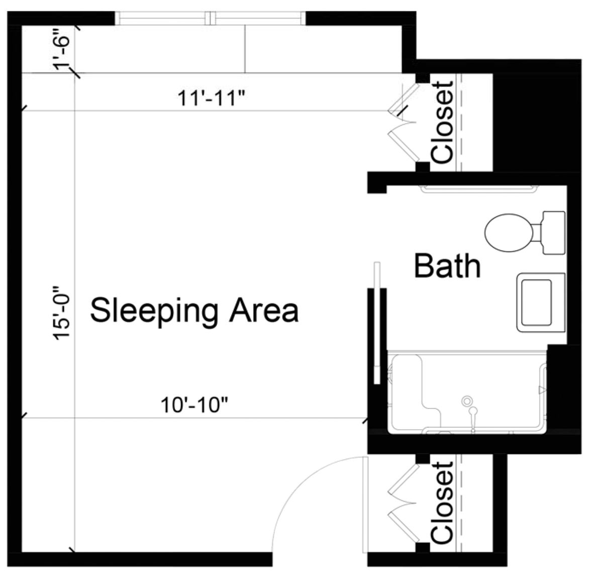 Studio apartment floor plan with sleeping area and bathroom.