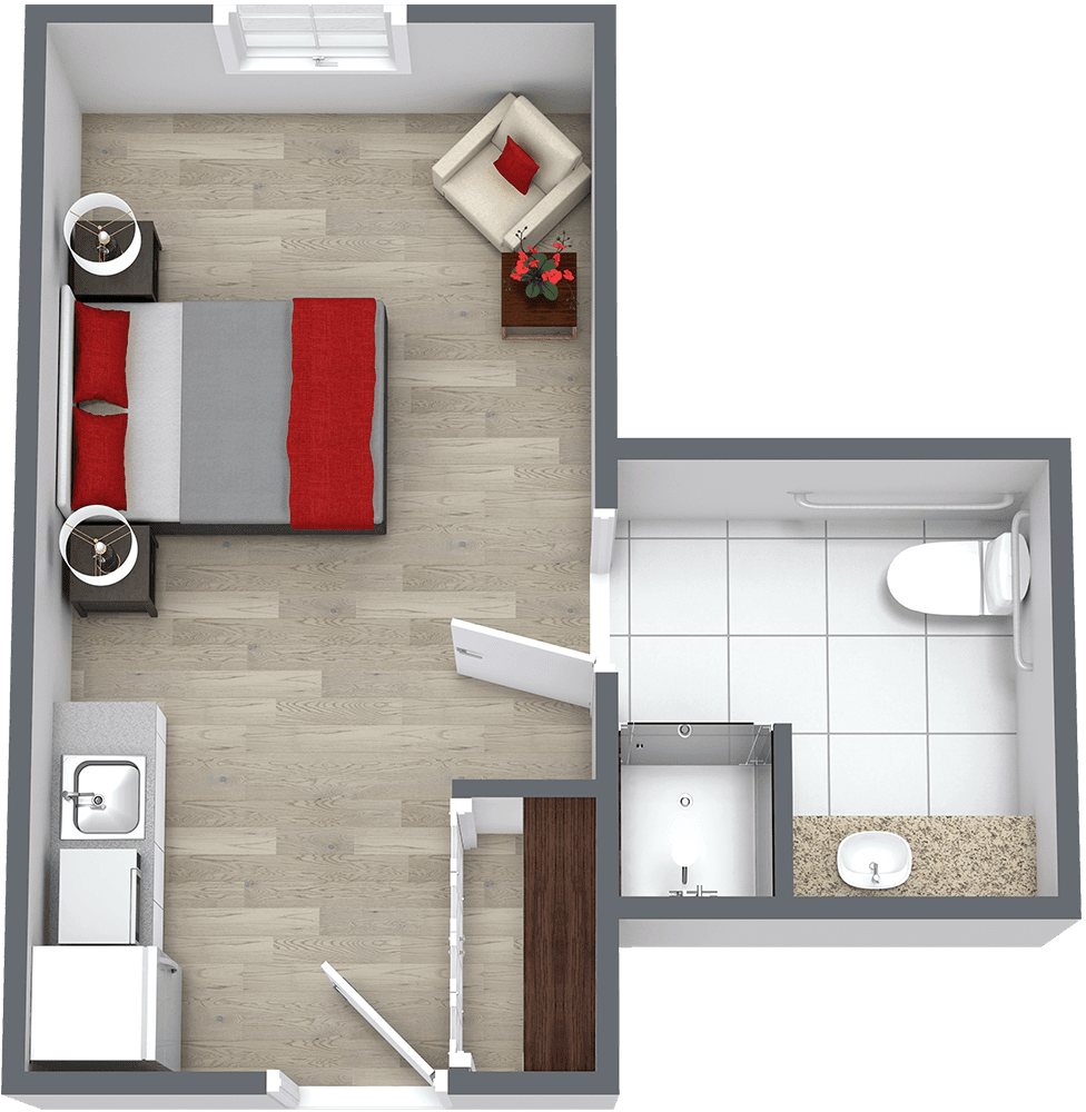 A compact studio apartment floor plan featuring a bedroom, bathroom, and small kitchen area.