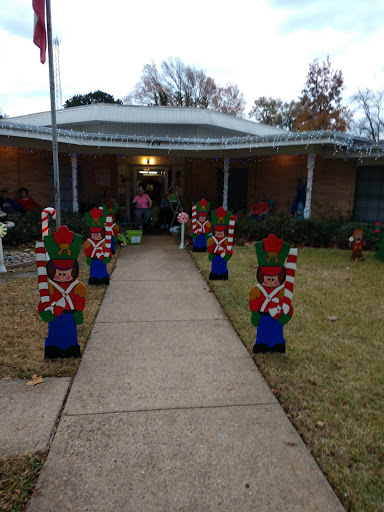 A festive front yard adorned with cheerful toy soldier decorations, leading up to a welcoming entrance.