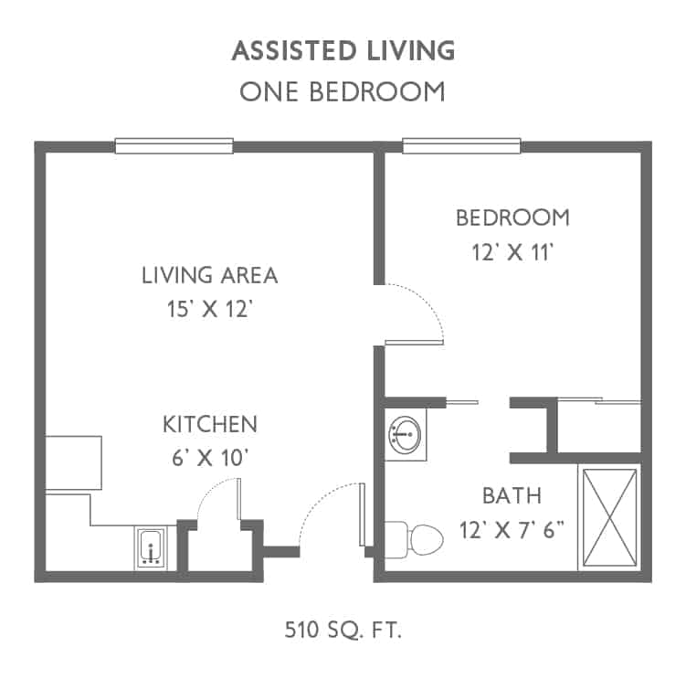 Floor plan of a one-bedroom assisted living apartment.