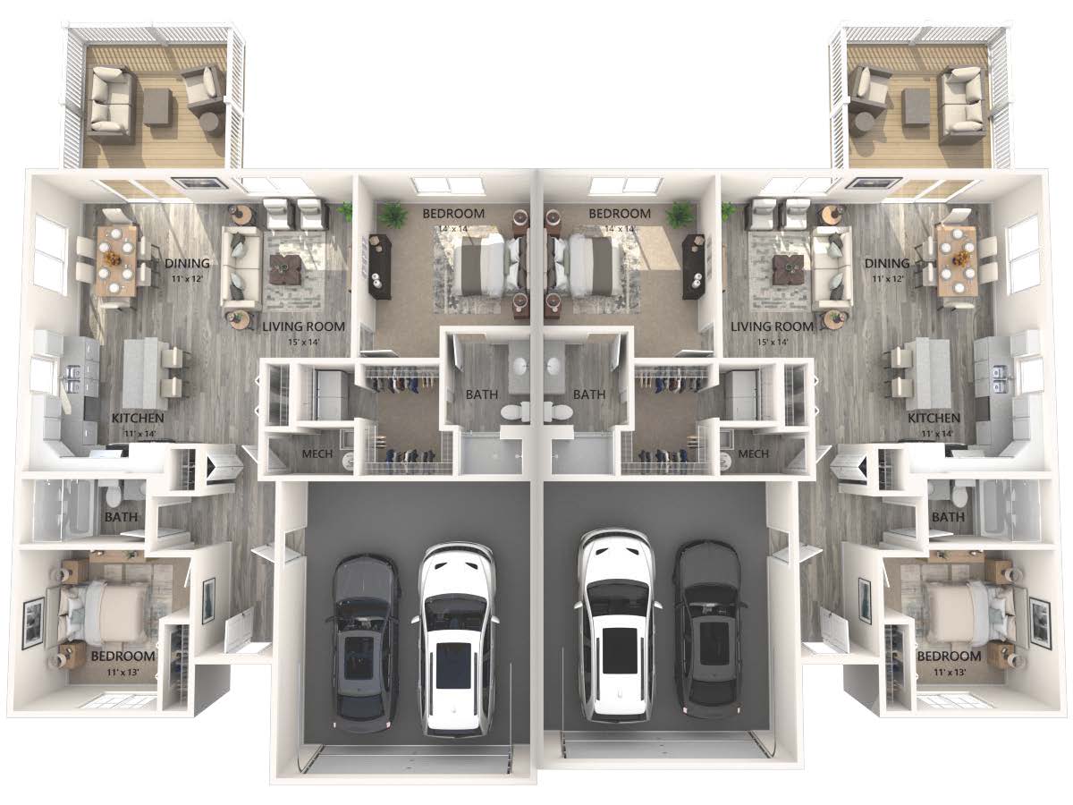 A detailed floor plan of a two-story residential building with multiple rooms and garages.