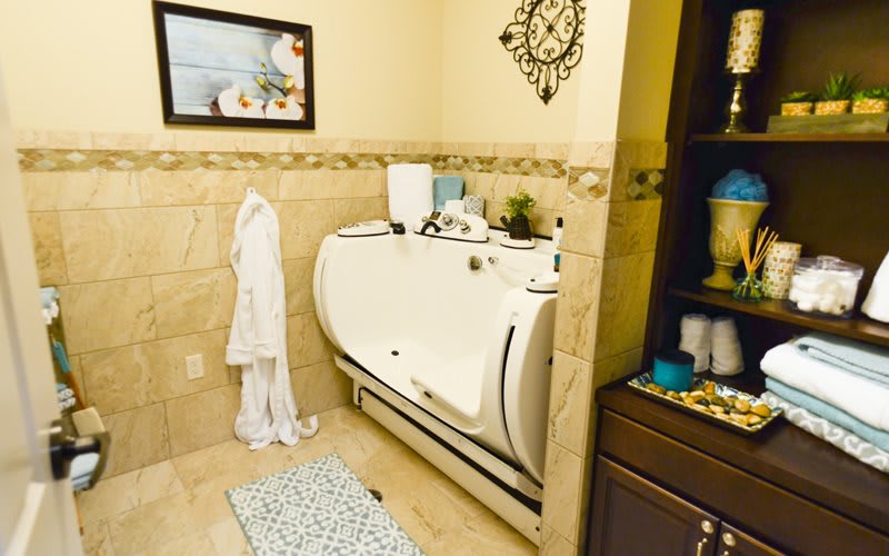 A cozy bathroom featuring a walk-in bathtub, towel, and decorative elements.