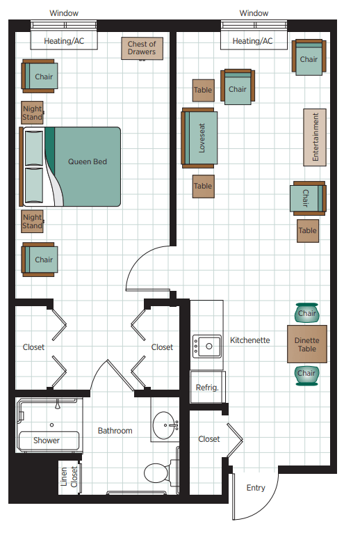 A floor plan of a one-bedroom apartment showing the layout of the living room, kitchen, bedroom, bathroom, and closets.