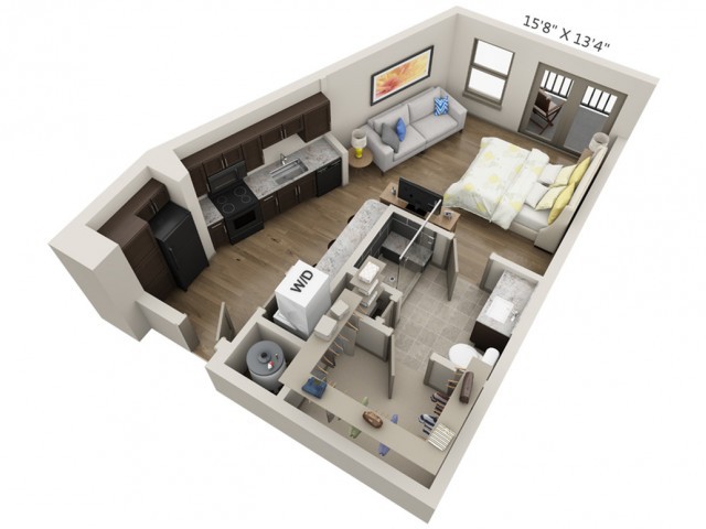 3D rendering of a compact studio apartment with an integrated living area, kitchen, and bathroom.