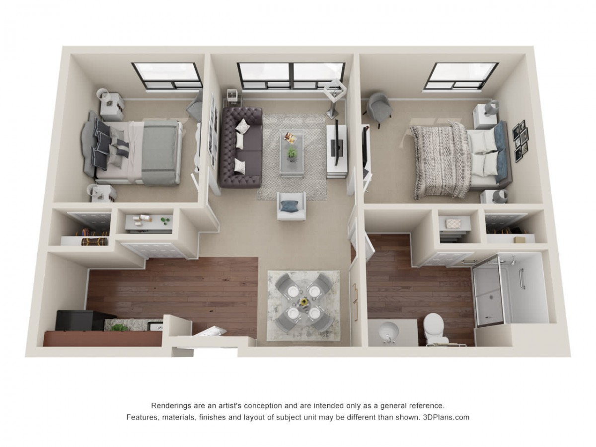 Modern apartment floor plan with two bedrooms, a living room, kitchen, and bathroom.