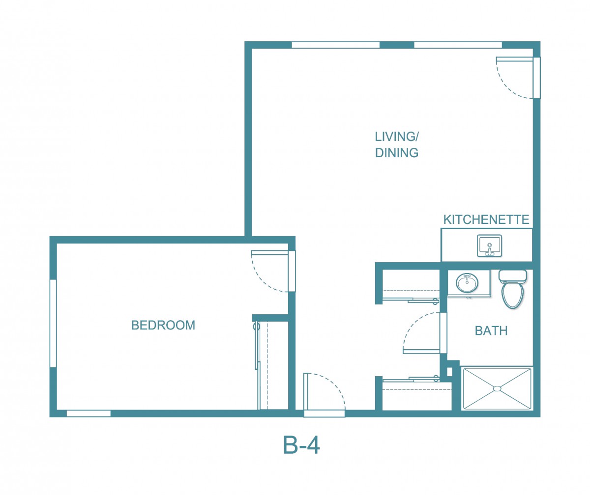 A floor plan of a one-bedroom apartment including a living/dining area, kitchen, and bathroom.