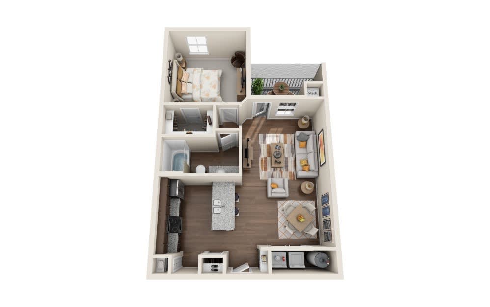 A 3D rendered floor plan of a one-bedroom apartment layout with designated spaces for a kitchen, living room, and bathroom.
