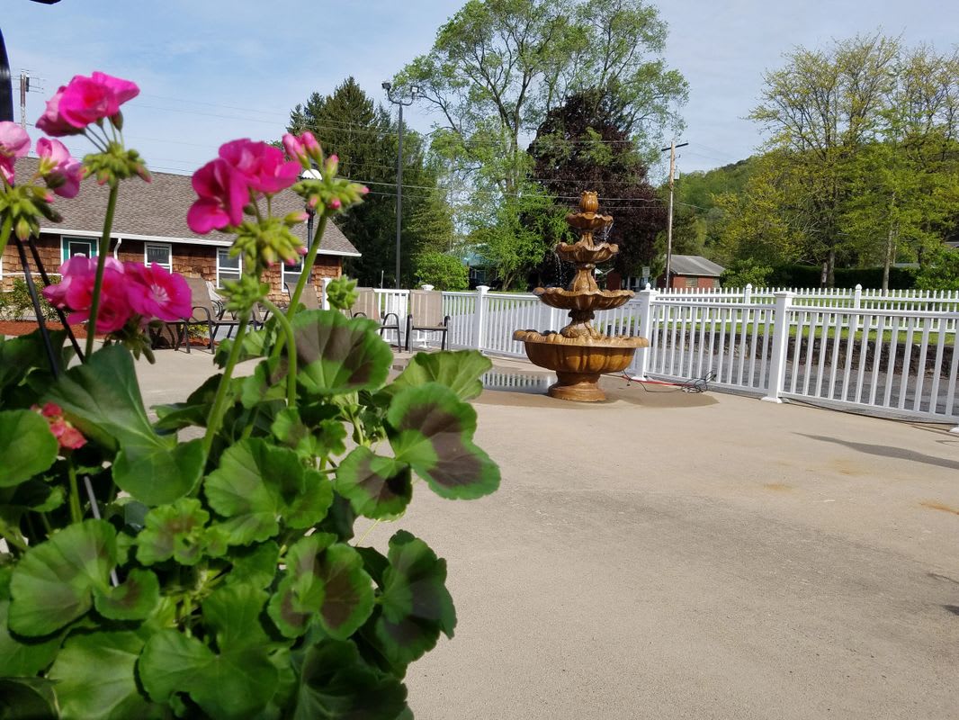 A serene garden with a fountain and vibrant flowers in the foreground.