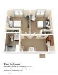 A 3D floor plan of a two-bedroom apartment showcasing the layout and design.