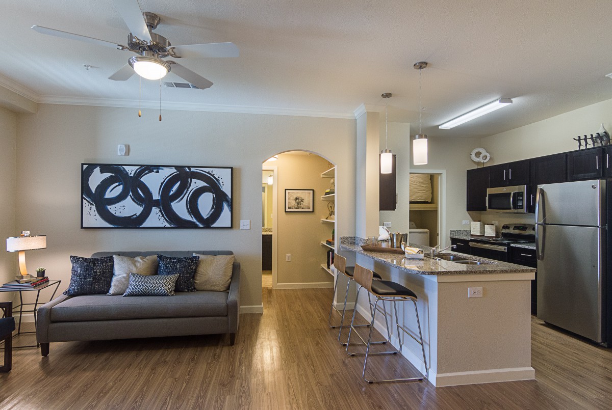 A modern open-concept living room and kitchen area with contemporary decor.