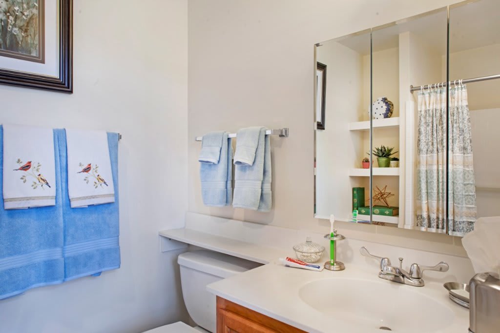 A tidy bathroom with a mirror, sink, and neatly arranged towels.