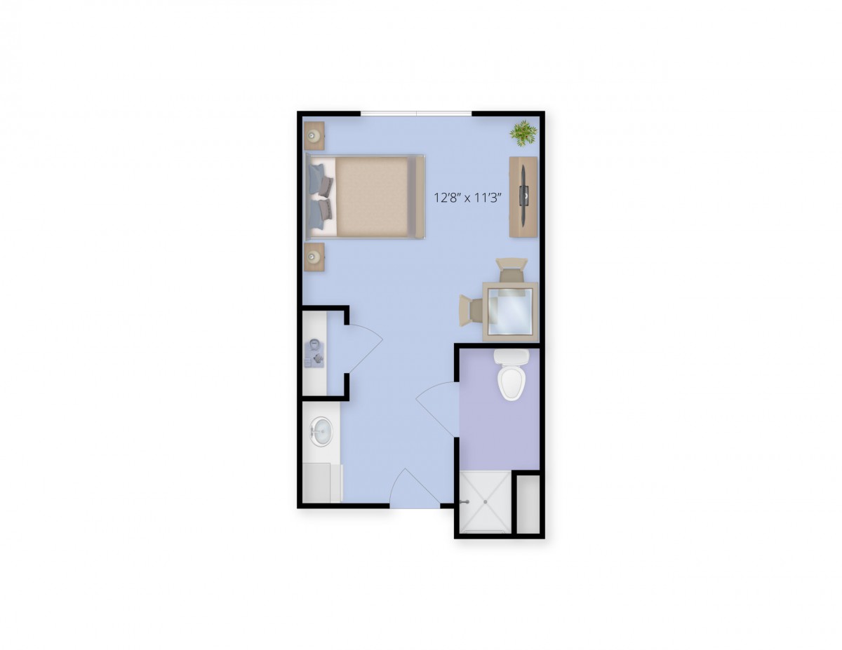 A floor plan depicting a compact apartment layout with designated areas for sleeping, dining, and bathroom facilities.
