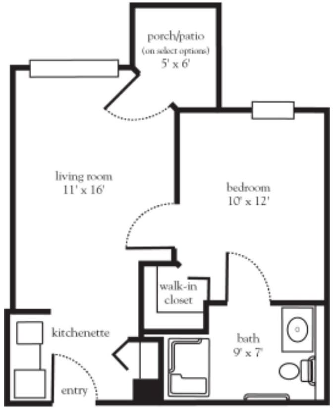 A floor plan of a one-bedroom apartment featuring a living room, kitchen area, private patio/balcony, bedroom with walk-in closet, and bathroom.