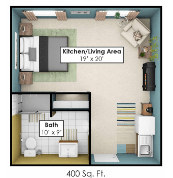 A floor plan of a 400 sq. ft. studio apartment with designated areas for the kitchen, living room, and bathroom.