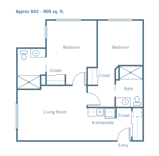Two-bedroom apartment floor plan with living room, kitchen, and bathroom.